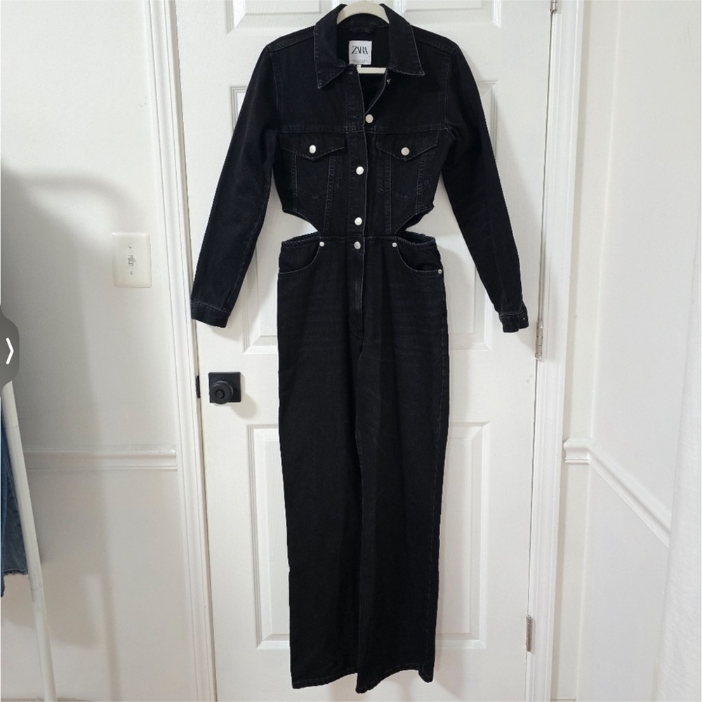 Zara Black Button-Front Denim Jumpsuit - Picture 5 of 9